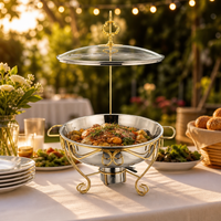 Plat de service en verre avec couvercle, cadre doré suspendu, brûleur à alcool, chauffe-plats pour buffet, restauration, vente en gros