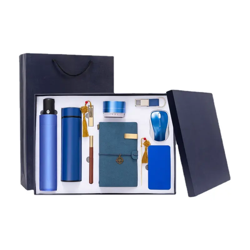 Set Hadiah Promosi dengan Logo Kustom Set Hadiah Bisnis Perusahaan dengan Notebook Power Bank Pen Umbrella Mouse Gift Set