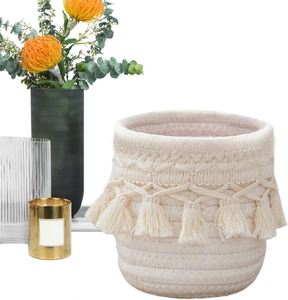 Modern Boho Woven Basket Small Cotton Rope <b>Storage</b> Bin <b>with</b> Macrame Fringe for <b>Dressing</b> <b>Table</b> Makeup Tools Home Decor - Product Image 1