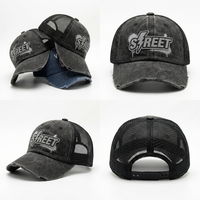 Casquette Trucker Unisexe Rétro Noire Délavée avec Dos en Maille, Patch en Caoutchouc Graffiti Éclair, Respirante, Visière Courbée Effet Vieilli, Style Décontracté