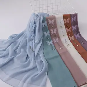 Mode Crinkle Shinny Sliver Hijab Sjaal Midden-Oosten Afrikaanse Hoofddoek Moslim Vrouwen Hoofddoek Vlinder Parel Kristal Hijaabs