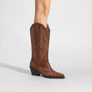 Women's Cowboy Cowgirl <strong>Boots</strong> Pointed Toe Knee-<strong>High</strong> Western Rodeo with 6cm Chunky <strong>Heel</strong> <strong>Brown</strong> <strong>Boots</strong> for Ladies - Product Image 2