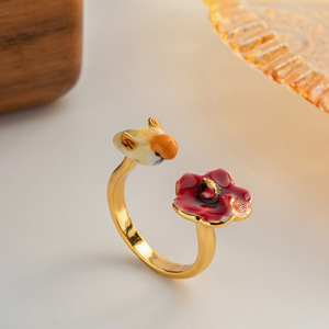 <span class=keywords><strong>Bague</strong></span> ouverte ajustable en laiton plaqué or 18 carats et rhodié, motif oiseau et fleur en émail, collection mode <span class=keywords><strong>2023</strong></span> - Product Image 4