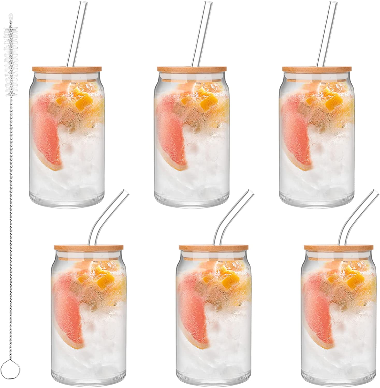 Beer Can Glasses with Bamboo Lid and Glass Straws,Drinking Glasses 6pcs Set,16oz Can Shaped Glasses with Lid and Straw