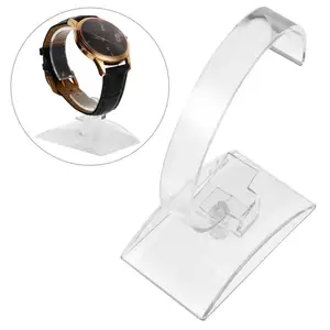 Soporte de exhibición de un solo reloj de acrílico transparente de escritorio de plástico de gama alta personalizado, estantes de exhibición de reloj transparentes al por menor tipo anillo en C