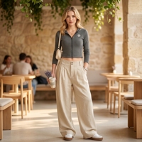 Pantalon décontracté plissé taille haute en lin pour femme, coupe ample, avec fermetures éclair, couleur unie, jambe large