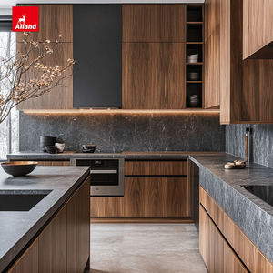 Îlot de cuisine moderne Alland avec portes texturées modulaires, couleur <span class=keywords><strong>bois</strong></span> noyer foncé, en kit, et plan de travail en pierre frittée noire - Product Image 2