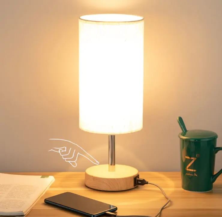 Table Lamp with USB Port - Touch Control Night Light for Bedroom Wood Base 3 Way Dimmable Nightstand Lamp for Living Room Home