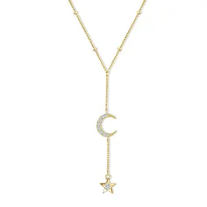 Gemnel 925 Silver Jewelry 18K Gold Plated zircon moon star long Pendant charm Necklace