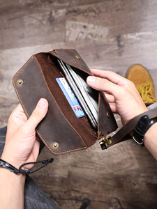 Portefeuille long vintage en cuir véritable Crazy Horse pour homme, grande capacité, sacoche de téléphone faite à la main, vente en gros - Product Image 5