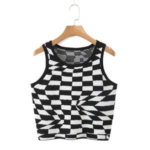 Chaleco de punto modal a cuadros para mujer talla grande N8174 Top sin mangas con estampado en blanco y negro para uso informal - Product Image 2