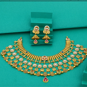 Elegant gold <b>necklace</b> set with intricate circular patterns traditional bridal jewelry design handcrafted ethnic wear <b>statement</b> - Product Image 1