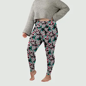Mallas personalizadas de LICRA para mujer, leggings con estampado de calavera y flores, cintura alta, talla grande, xxxl, 5xl, 6xl