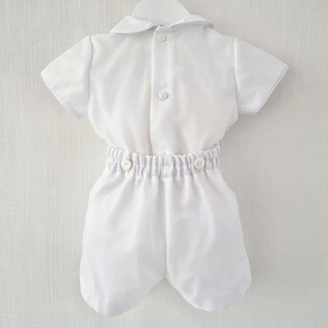 Ensemble 2 pièces décontracté en organza et coton pour bébé garçon : chemise et short de couleur unie à manches courtes pour baptême, mariage ou fête - Product Image 2
