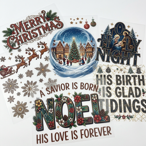 Pegatina UV DTF personalizada premium con diseño de globo de nieve y aloe de Navidad, con transferencia dorada, para tazas, botellas y cajas de regalo - Product Image 1