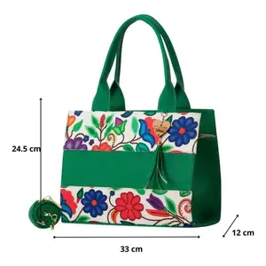 Bolso Tote de Yute para Mujer Fana Danae, Diseño Floral Verde con Borla, Bolso de Compras, Talla Adulto, Todas las Temporadas - Product Image 3