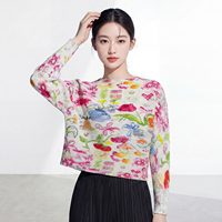 Chemisier plissé Miyake 2026 à manches longues et col rond pour femme, imprimé floral artistique multicolore, directement de l'usine