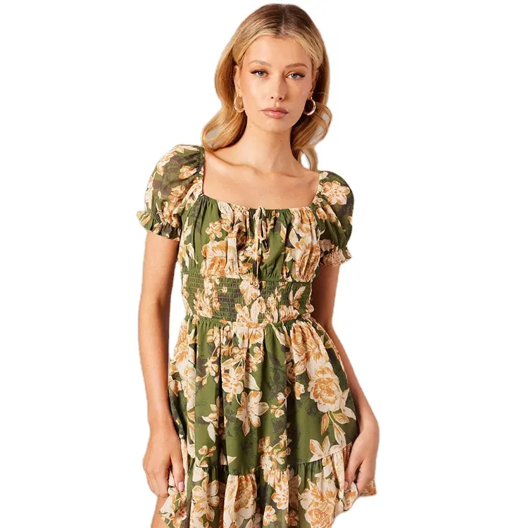 새로운 트렌드 반팔 인쇄 섹시한 여름 스모크 원피스 여성 의류 제조 업체 여성의 우아한 캐주얼 드레스를 사용자 정의
