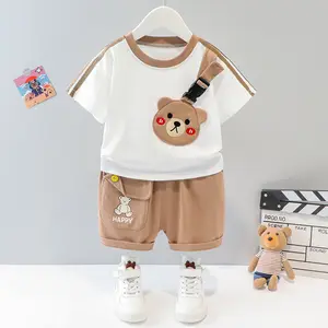 Милый Детский костюм для девочек, Детский комплект из 2 предметов с коротким рукавом и 3D-рисунком медведя, комплекты одежды для девочек, Модный комплект одежды для мальчиков на лето