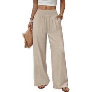 Pantalon large pour femme, taille haute, avec poches, décontracté, respirant, en tissu tricoté - Product Image 1