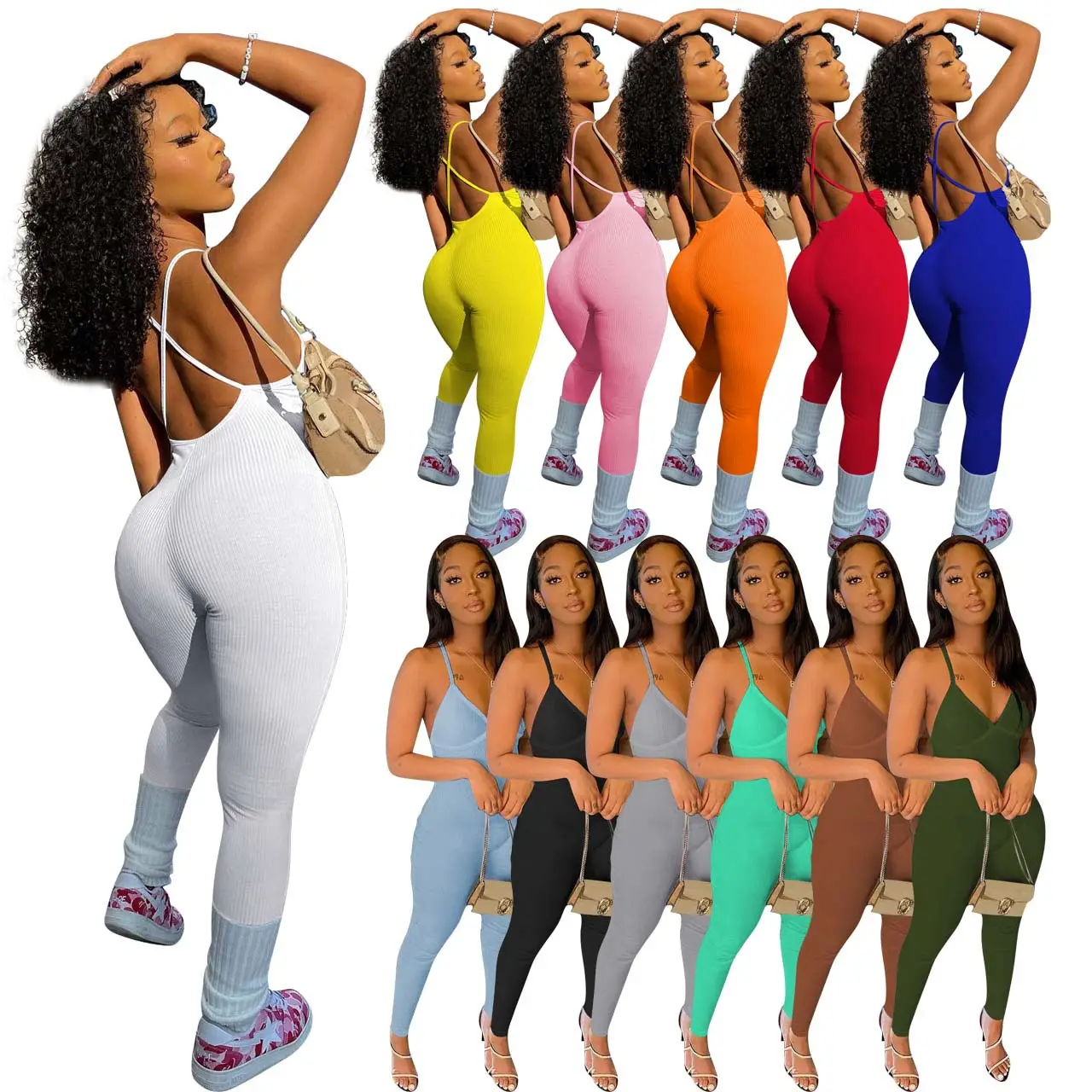 women's clothing ladies Jogging sport swear ribbed slip sexy bodysuits backless tight body pants one piece women jumpsuits