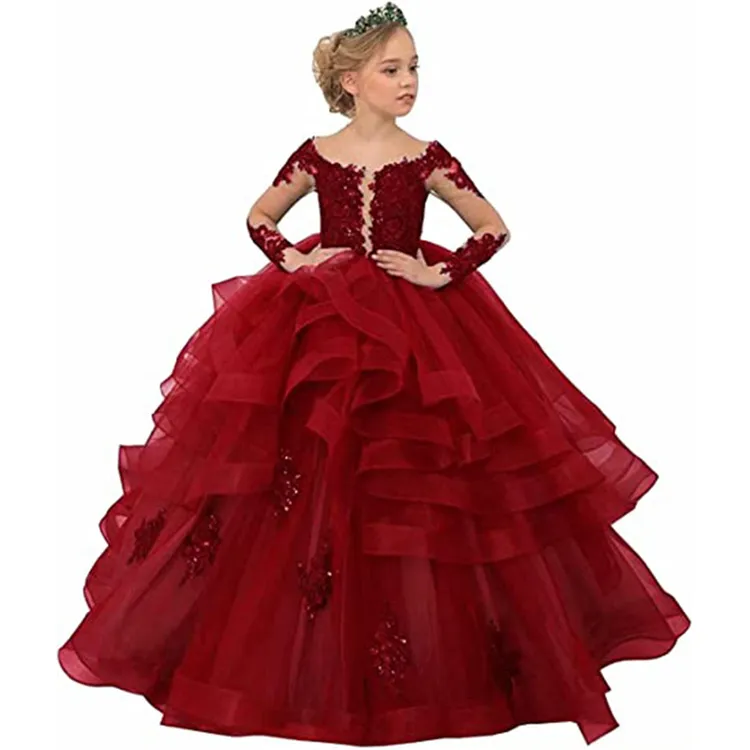 Vestido longo infantil de casamento, vestido de casamento para meninas com mangas compridas e desempenho em renda, para aniversário, princesa, bolo