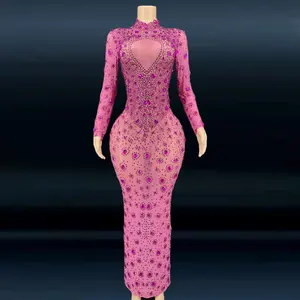 Novance Y2095 2021 Fashion Ladies Pink Custom Design Banquet Wearing Long Sleeve Sexy Backless Beaded Sequin Evening Dress