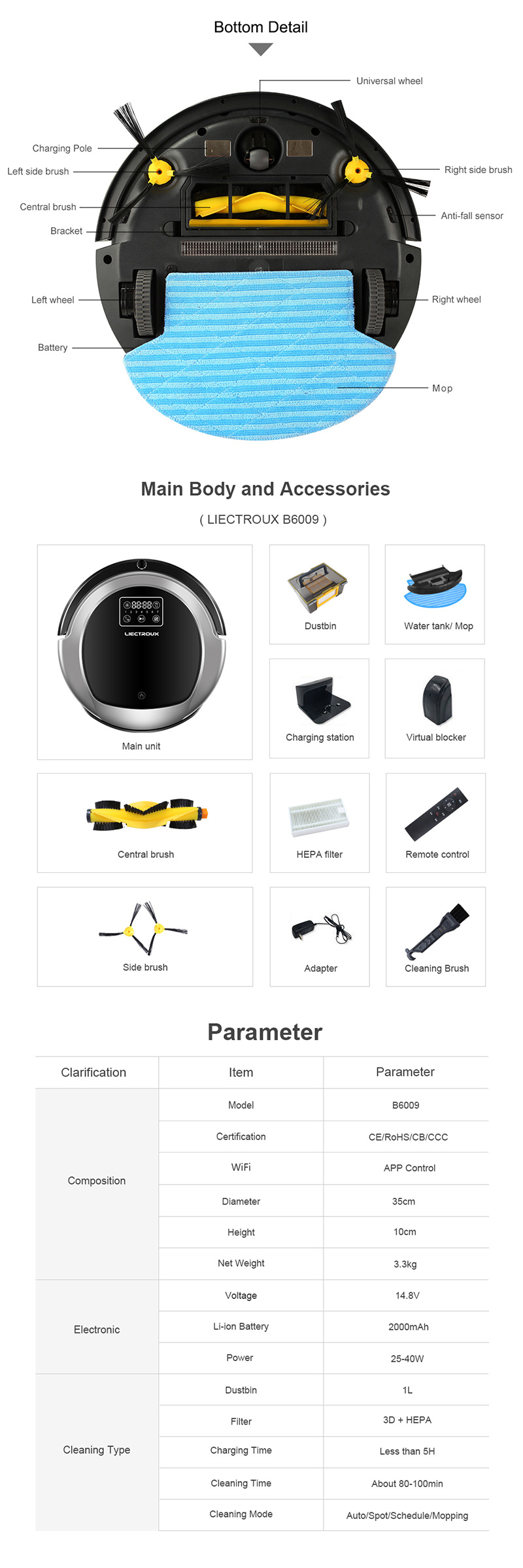 Liectroux — aspirateur à mémoire intelligente B6009, appareil à double lumière UV, navigation par cartes, wifi, contrôle par application