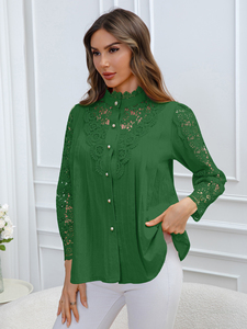Blusa Casual de Manga Larga con Cuello Redondo y Encaje Verde para Mujer - Camisa Elegante de Chifón Lavable - Product Image 2
