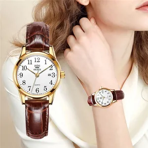 OLEVS Womens Watches 탑 브랜드 패션 캐주얼 럭셔리 드레스 정품 브라운 가죽 방수 손목 시계 레이디 5566