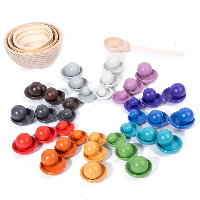 Montessori Educational Wooden Rainbow Toy Balls Clip Color Matching Baby Toy Color Cognitive Kids Early Education Wooden Toys