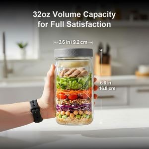 Bocaux à salade ronds en verre de 32 oz avec logo personnalisé pour la préparation des repas, avec pot à vinaigrette, couvercle anti-fuite, shaker à salade anti-étuissement, pour le bureau et le fitness - Product Image 2