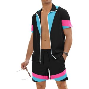 FOXA Men's 80s Retro 2 Piece <b>Set</b> Color Block Jacket Shorts Quick Dry Party Outfit - Product Image 1