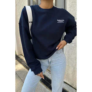 Sweat-shirt en soie bleu marine pour femme avec design brodé en 3D, col montant, fermeture éclair, taille XS pour l'hiver - Product Image 2