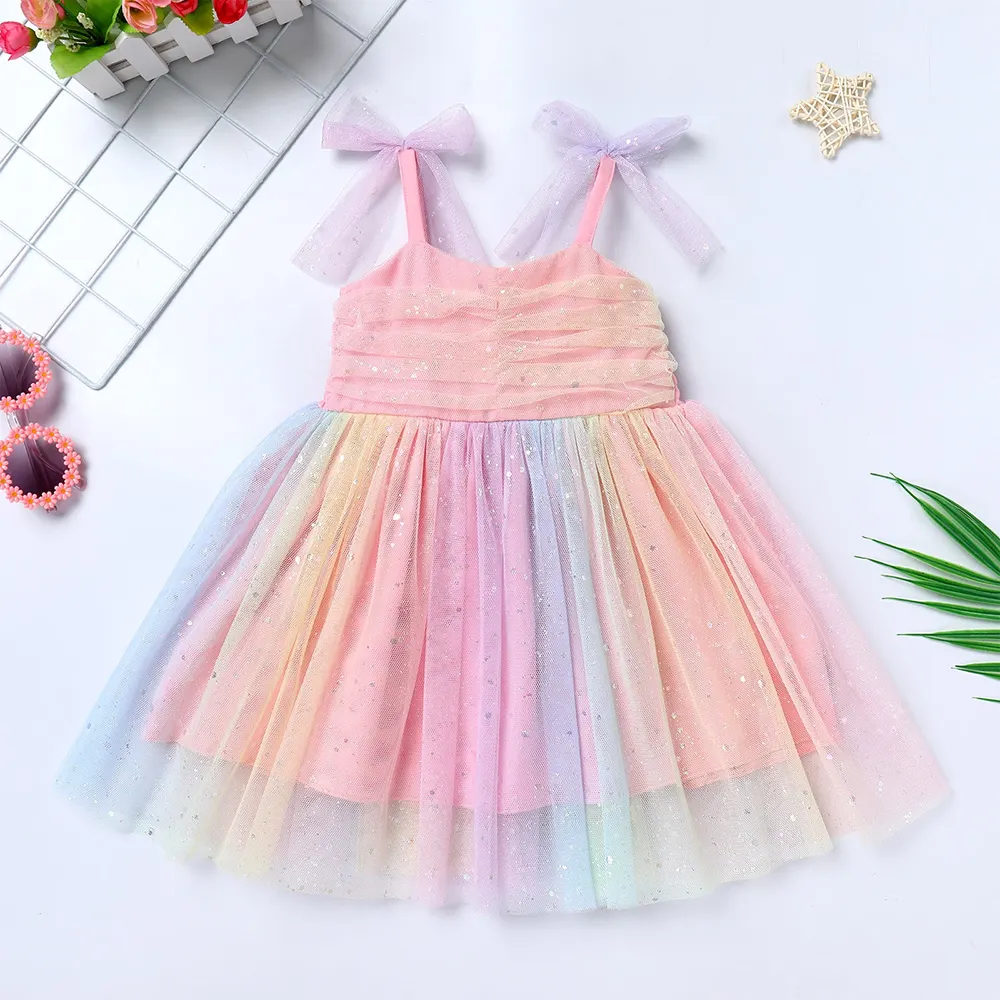 Tatlı tarzı çocuk pembe tül elbise ile yumuşak yıldız pullu desen katı yaz yürüyor kız bebek çocuklar doğum günü partisi elbisesi
