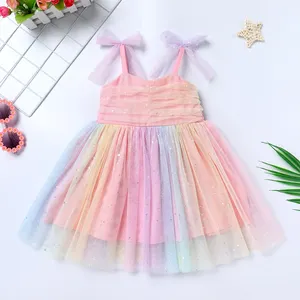 Sweet Style Children's Pink Tulle Dress With Soft Stars Sequin Pattern Solid Summer Toddler Girl Baby Kids Birthday Party Dress