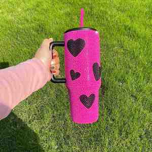 Paquete de 8 Tazas de Viaje de Acero Inoxidable de 40 oz con Logotipo Personalizado, Diseño de Corazón, Adornadas con Pedrería, con Asa, Tapa y Pajita - Product Image 4