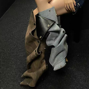 Bottes hautes plissées pour femme, style western, à talons fins, avec rivets et boutons, nouvelle collection hiver 2025 - Product Image 4