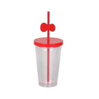 Gobelet à café 500 ml en PS double paroi grande capacité avec nœud papillon et paille, pour hommes et femmes, design minimaliste, vente en gros directe usine
