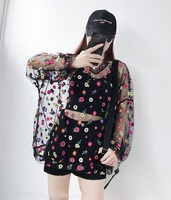 2024 nouvelle mode femmes noir en mousseline de soie Sexy Blouse filles Transparent maille Floral brodé Blouse