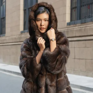 2023 Factory New Fashion Winter Warm Luxury Real Sable Coat Long Style Hooded Jacket Fluffy Thick Real Mink Fur Coat