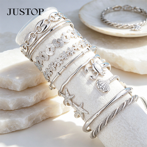 JUSTOP <b>Silver</b> Plated Stainless Steel Flower Starfish Bohemia <b>Bangle</b> Set Women's Fashion Jewelry <b>Bracelets</b> - Product Image 5