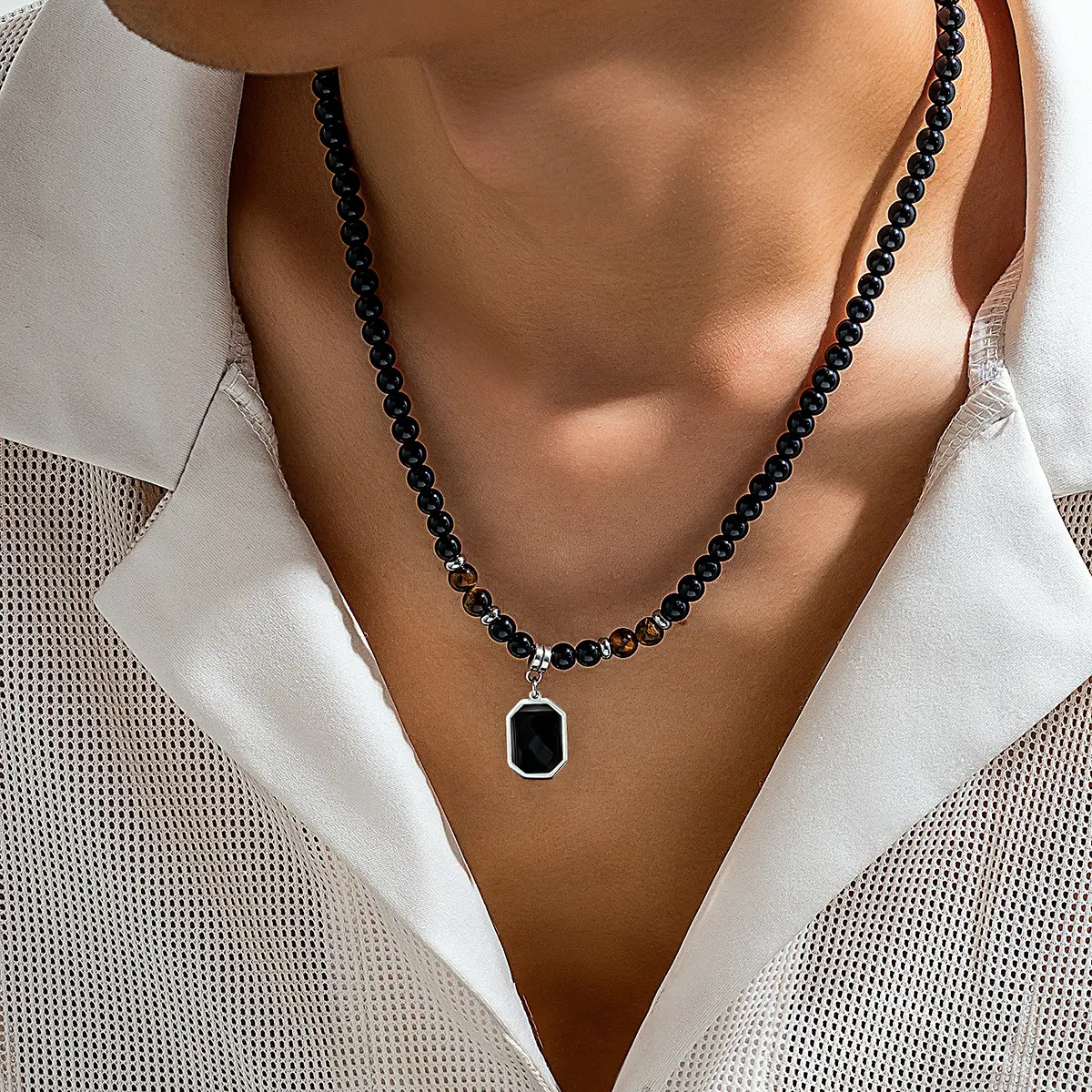 2024 Fashion Tiger Eye Black Agate Necklace Natural Stone beaded Necklace Jewelry for Men Boys