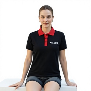 <b>Women's</b> Black <b>Polo</b> Shirt With Red Collar Embroidered Logo Casual Short Sleeve Pique Cotton <b>Top</b> - Product Image 5