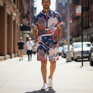 Ensemble deux pièces décontracté pour <span class=keywords><strong>homme</strong></span> : chemise à manches courtes imprimée et short – <span class=keywords><strong>Tenue</strong></span> d'été personnalisée pour usine de vêtements - Product Image 6