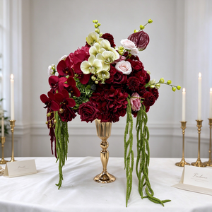 Centro de Mesa de Orquídeas y Rosas Artificiales Hecho a Mano en Color Rojo Borgoña, Arreglo Floral de Seda para Mesa de Boda - Product Image 1