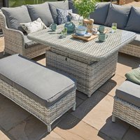Muebles de jardín, sofá de esquina exterior de ratán impermeable con muebles de Hotel barroco otomano, juego de comedor para Patio con mesa elevadora