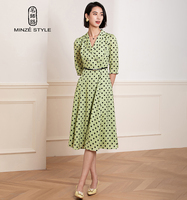 Robe midi respirante à imprimé numérique pour femmes, col tailleur, à pois, élégante, manches trois-quarts, pour tous les jours