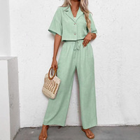 Ensemble décontracté 2 pièces pour femme, coupe ample, chemise courte boutonnée à manches courtes, pantalon large à cordon de serrage, aspect lin respirant, OEM ODM