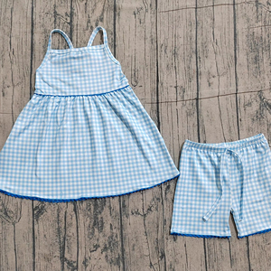 GSSO3418 Conjunto de verano sin mangas para niña, diseño a cuadros azules, ropa de verano para niñas pequeñas, venta al por mayor - Product Image 1